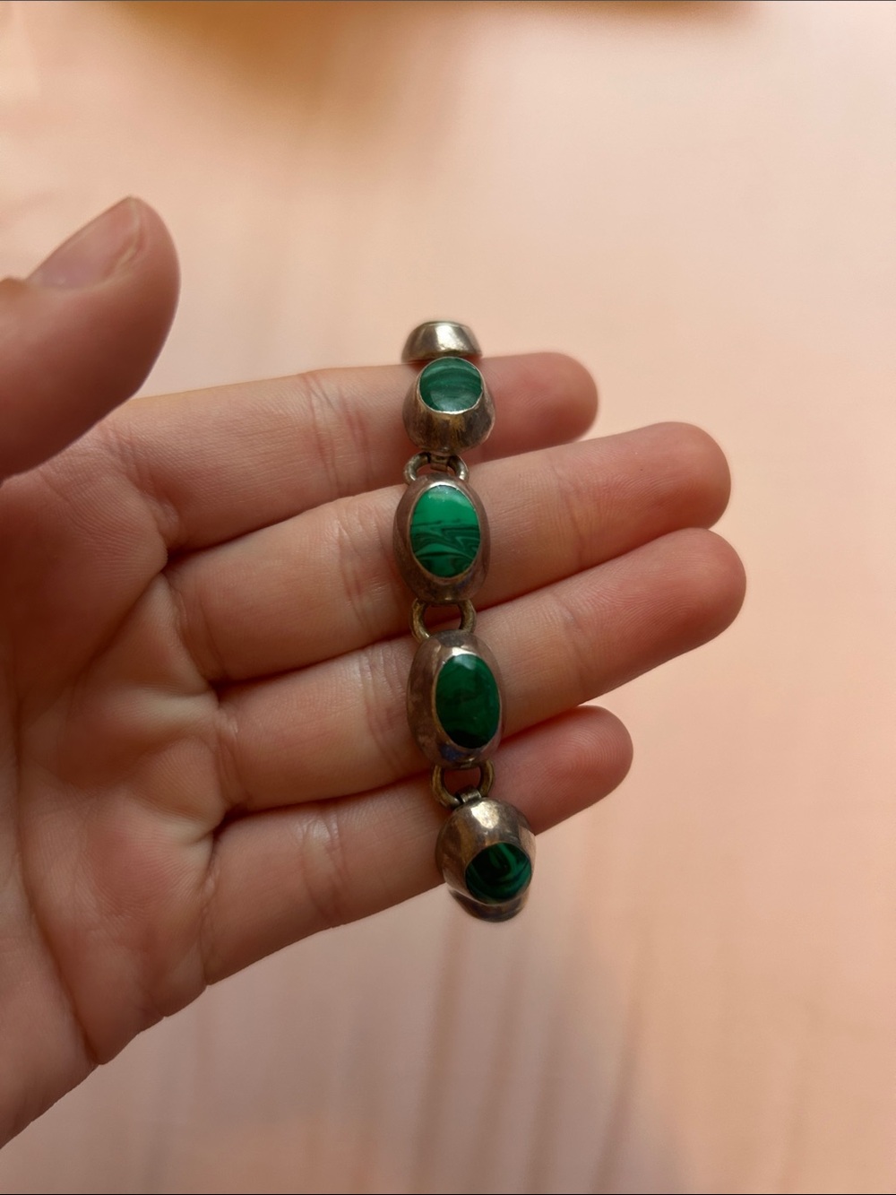 Vintage Sterling Silver Green Stone Link Bracelet - Picture 3 of 7